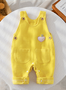 婴儿灯芯绒背带裤冬季新款宝宝条绒裤子冬装按扣黄色秋冬外出衣服