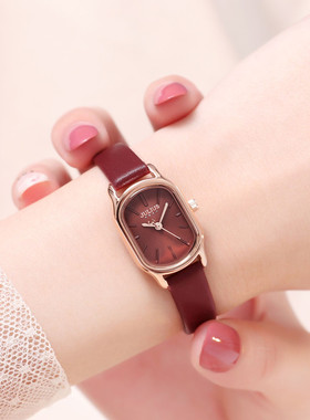 聚利时女表新款长方形时尚复古女士手表女酒红色学生皮带石英腕表