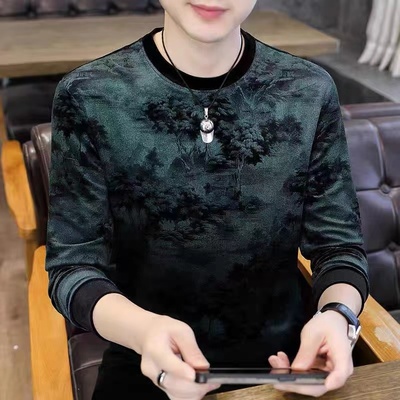 金丝绒卫衣男秋冬绒山水画上衣帅