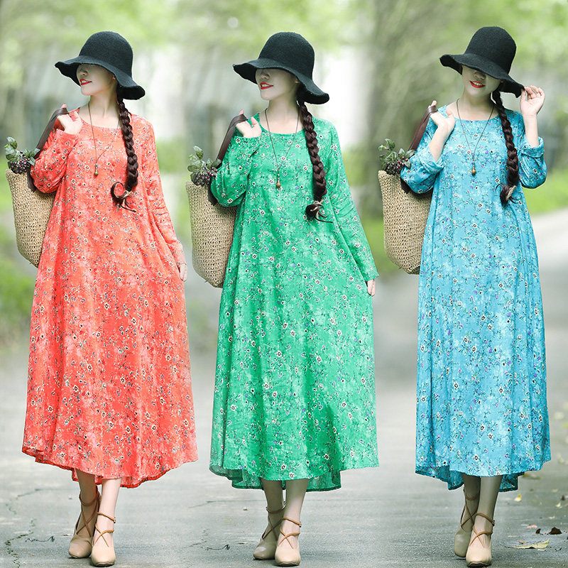 春季民族风大码宽松遮肚子棉麻长袖连衣裙女复古文艺亚麻碎花长裙|ruв категории Женская одежда, женской одежды - от Buy2taobao.com для оказания профессиональной услуги покупки агента Taobao