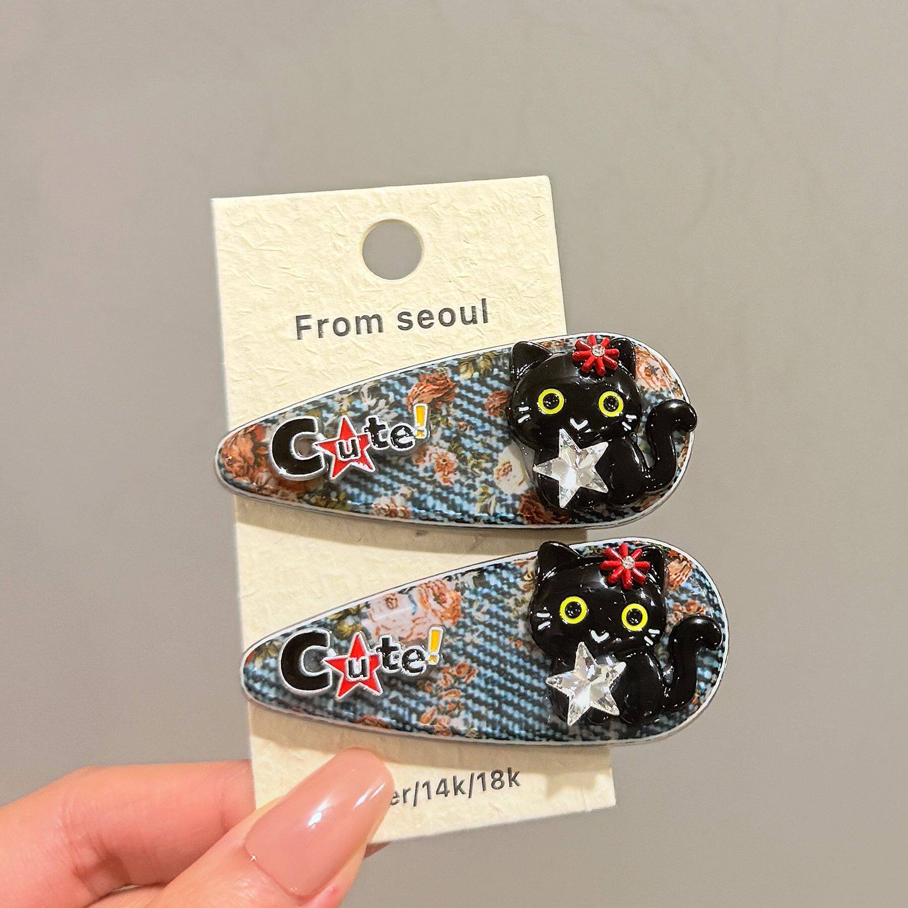 韩国东大门复古醋酸印花碎花猫咪发夹少女精致个性刘海碎发鸭嘴夹