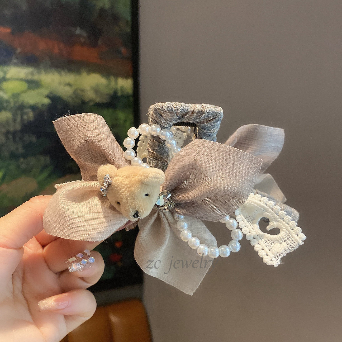 韩版东大门甜美卡通小熊蝴蝶结珍珠抓夹时尚气质后脑勺盘发鲨鱼夹