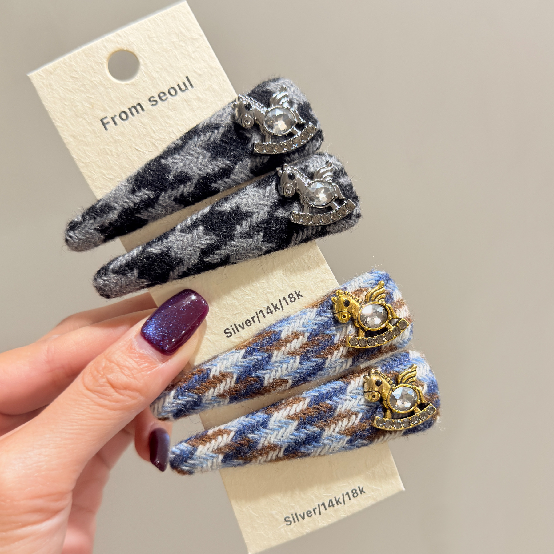 韩国高档千鸟格闪钻小马碎发夹气质名媛轻奢前额侧边刘海碎发夹子