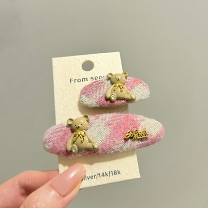 少女粉色格纹小熊发夹氛围感可爱个性侧边刘海碎发BB夹子一对价格