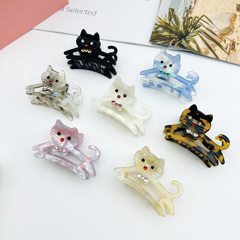 新款醋酸可爱猫咪抓夹萌宠镂空猫发夹后脑勺发抓镶钻小众发饰