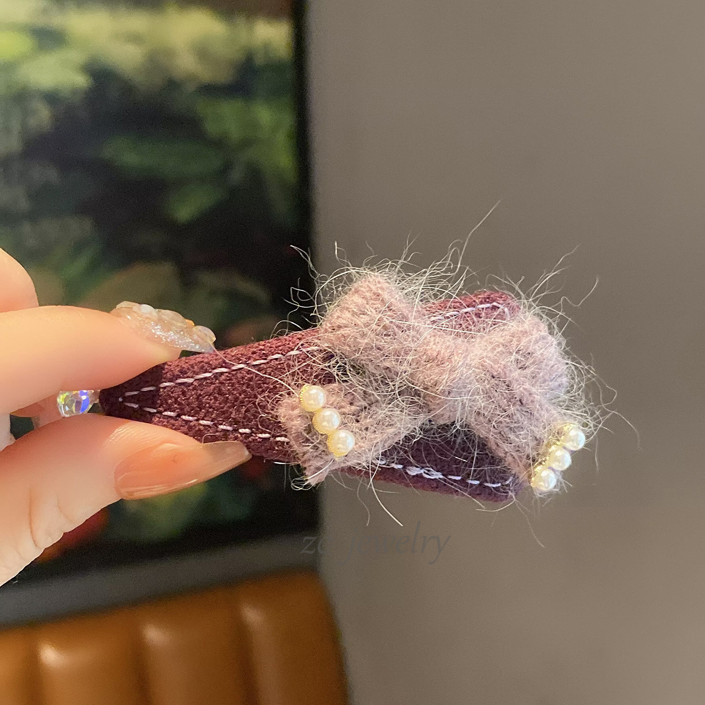 韩国ins新款布艺紫色三角毛线蝴蝶结珍珠边夹 时尚简约刘海夹侧边