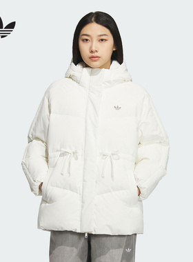 阿迪达斯三叶草羽绒服女2025冬中长款鸭绒连帽外套KF3685 KF3686