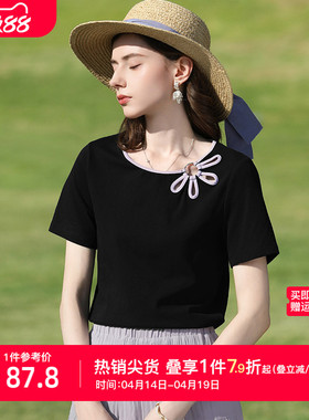 艾蓓怡黑色立体花朵镂空设计感短袖T恤上衣女2026夏季新款显瘦