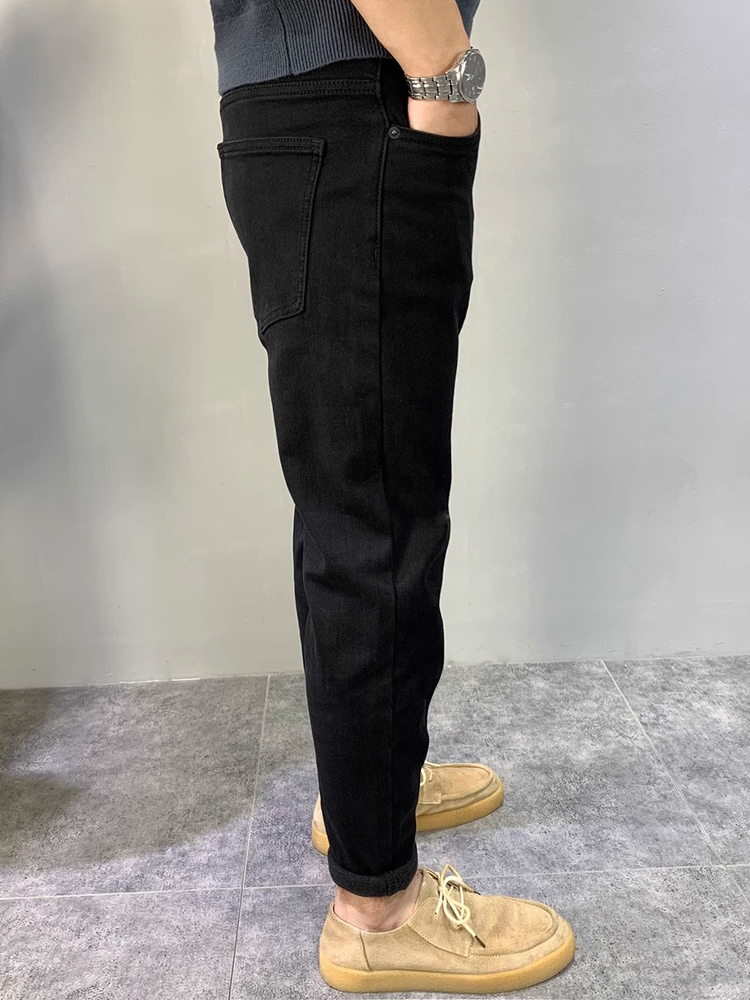 黑色牛仔裤男2025春夏新款休闲潮流九分裤修身男士小脚弹力长裤子