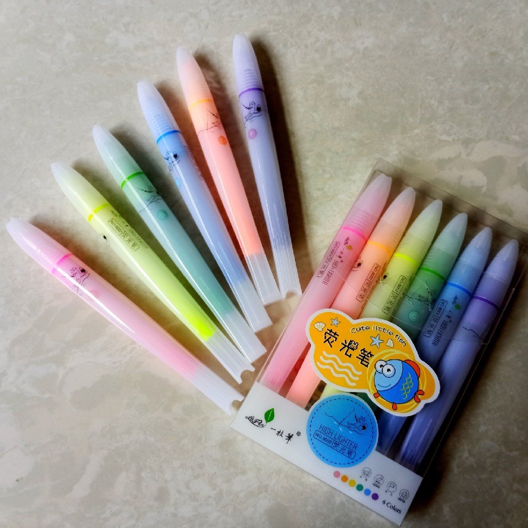 一枝笔8002荧光笔 小鱼造型六色大容量标记笔 画重点圈知识记号笔
