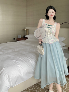 RM19656#盐系优雅复古气质高级感印花方领吊带外穿背心上衣女