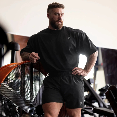 肌肉鲨鱼宽松短袖T恤男健身训练Gymshark纯棉重磅透气半袖五分袖