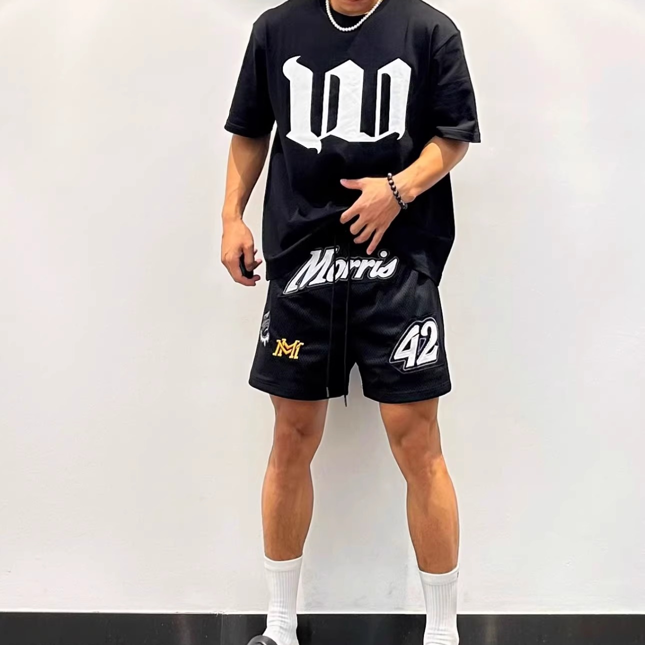 美式复古贴布刺绣网眼短裤男夏季潮牌透气抽绳不过膝运动四分裤子