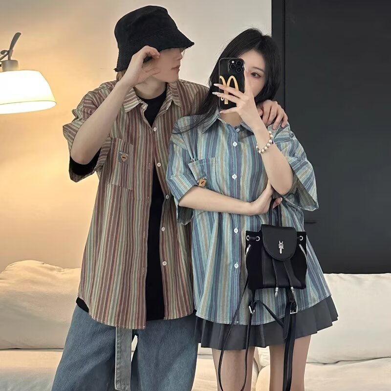 复古港风慵懒松弛感日系短袖条纹衬衫男女夏季情侣装宽松衬衣外套