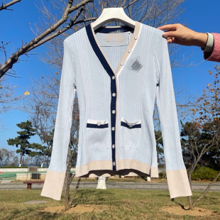 韩国高尔夫服装女士春秋V领修身针织开衫淡蓝色纯棉弹力长袖毛衣