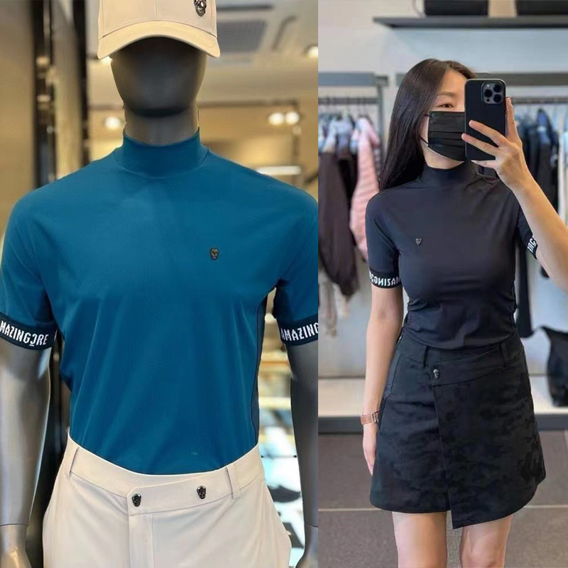 高尔夫服装男女半高领骷髅头凉感高弹修身短袖t恤网球运动打底衫
