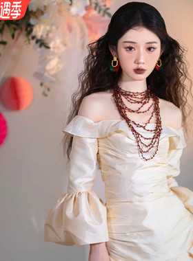 新娘项链耳环多层酒红色串珠锁骨链高级感结婚礼服晨袍旅拍耳饰品