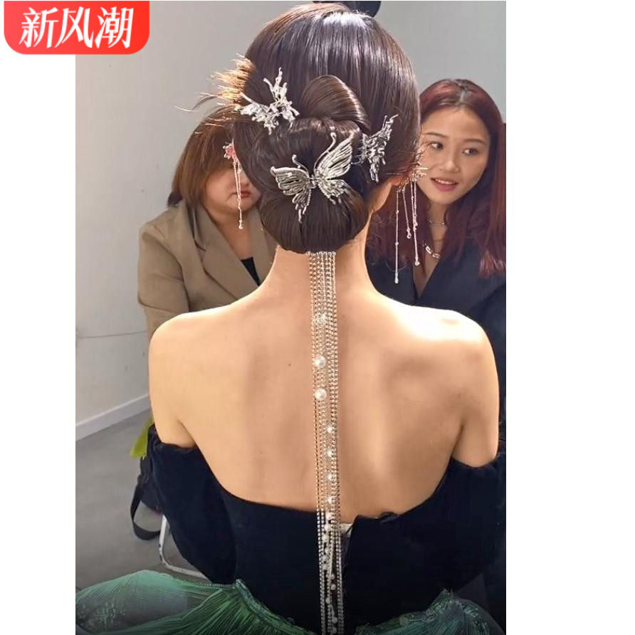 新中式新娘头饰高级金属蝴蝶发夹流苏结婚礼服旗袍敬酒服晨袍发饰