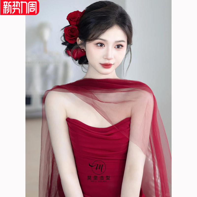 新娘纱巾长款酒红围巾丝巾飘带脖纱披肩纱婚纱礼服晨袍旅拍配饰品