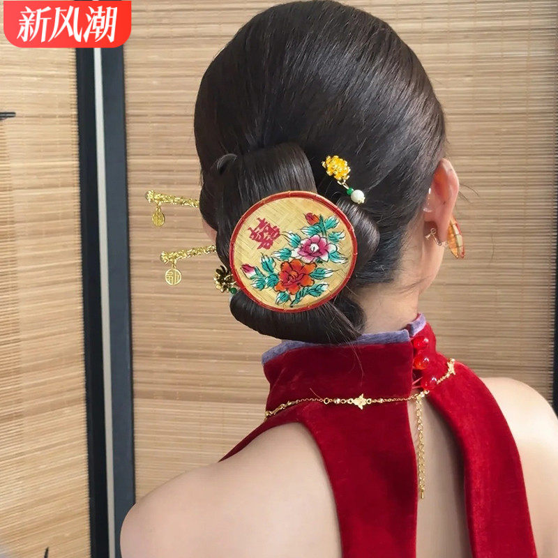 新中式新娘头饰竹编喜葫发簪结婚礼服旗袍晨袍秀禾服敬酒服发饰品