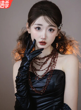 韩子造型新娘项链耳环红色多层串珠锁骨链高级感婚礼服晨袍耳饰品