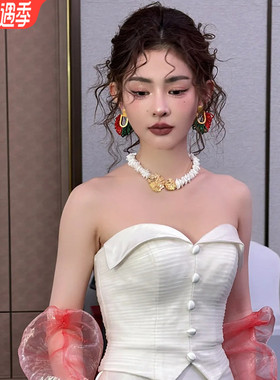 韩子造型新娘项链耳环贝壳劲链锁骨链高级感婚纱礼服晨袍耳饰旅拍