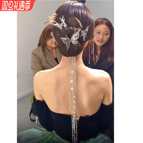 新中式新娘头饰高级金属蝴蝶发夹流苏结婚礼服旗袍敬酒服晨袍发饰