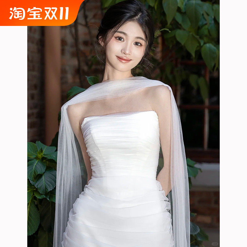 新娘纱巾长款白色围巾丝巾飘带脖纱披肩纱婚纱礼服晨袍旅拍配饰品