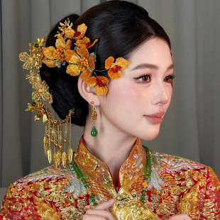 新娘头饰新中式金黄色头花结婚礼服旗袍晨跑秀禾龙凤褂汉服发饰品