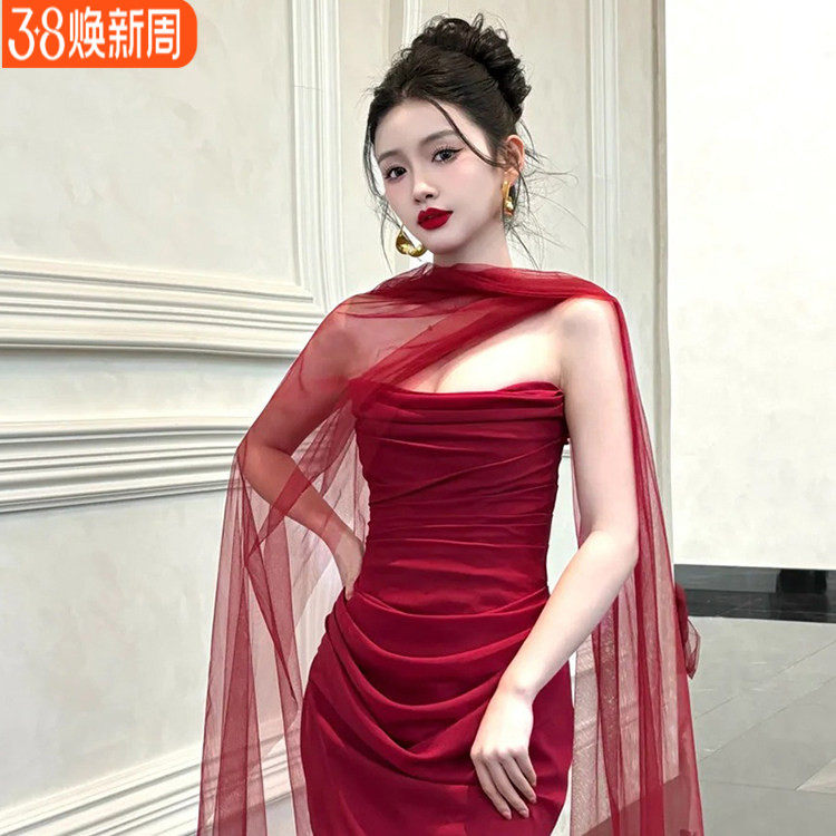 新娘纱巾长款酒红围巾丝巾飘带脖纱披肩纱婚纱礼服晨袍旅拍配饰品