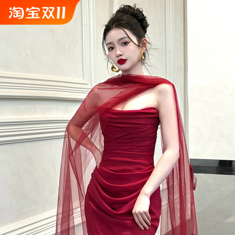 新娘纱巾长款酒红围巾丝巾飘带脖纱披肩纱婚纱礼服晨袍旅拍配饰品