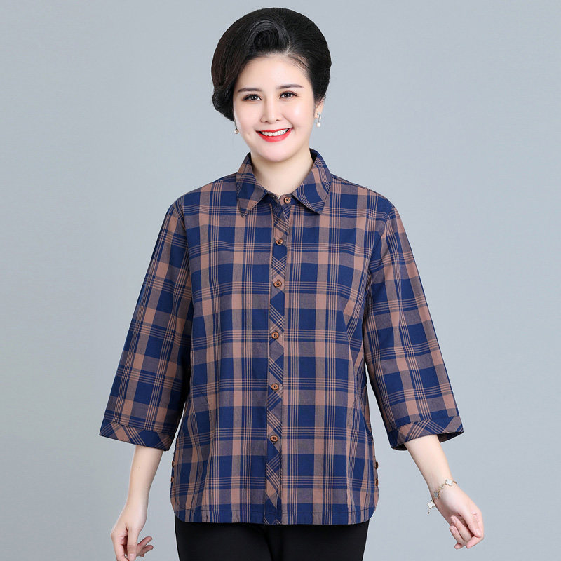 老人衬衣女装洋气质妈妈七分袖格子上衣中老年女奶奶夏装中袖衬衫