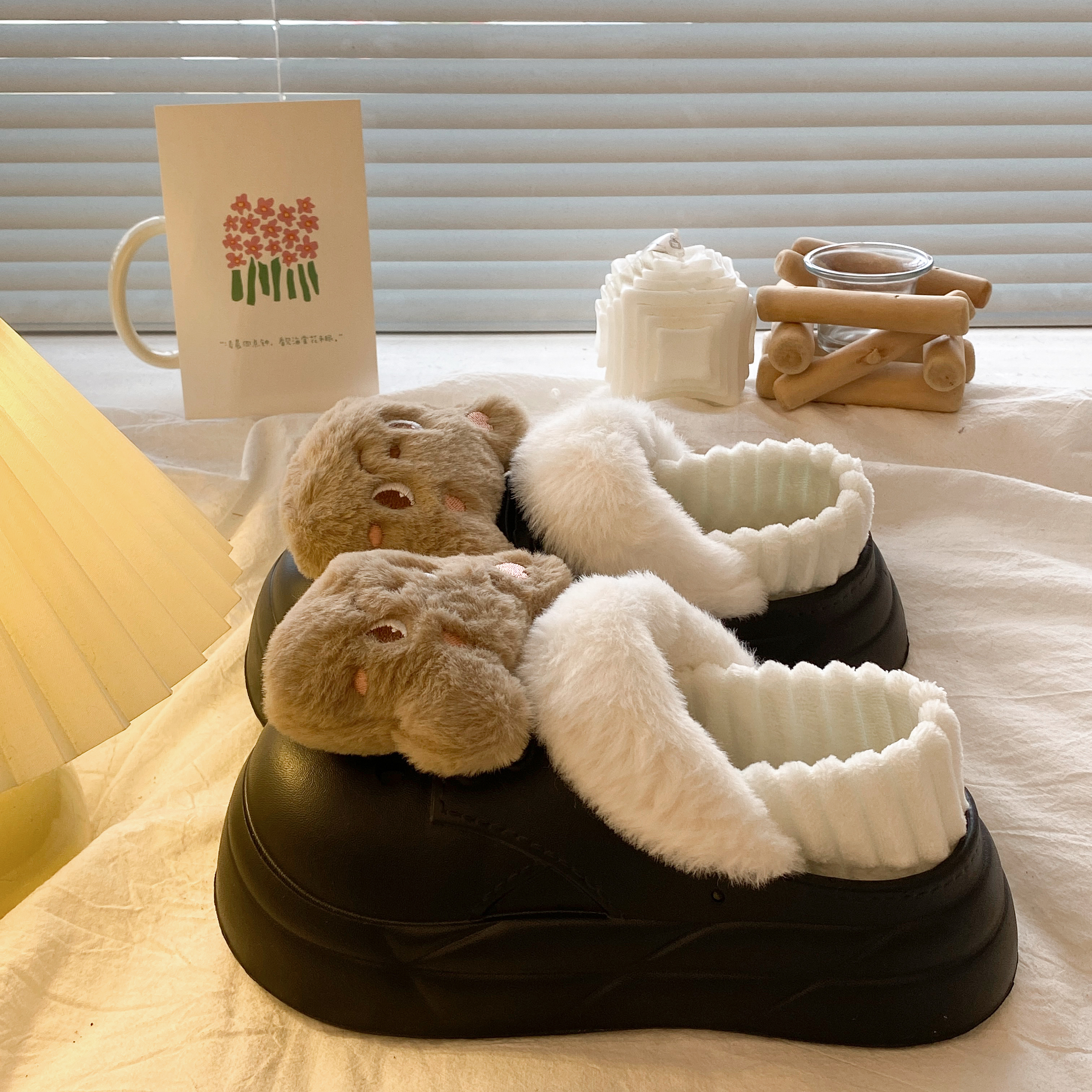 毛绒小熊~棉拖鞋女新款冬季室内居家保暖加绒厚底外穿包跟棉鞋女