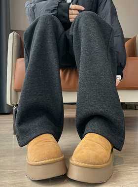 毛呢阔腿裤女秋冬款加绒2026新款人字纹高腰春秋冬季休闲黑色裤子