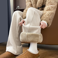 加绒加厚阔腿裤女2026新款秋冬季羊羔绒卫裤休闲防风毛呢弯刀裤子