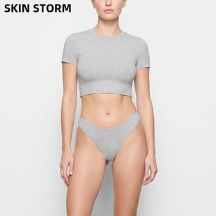 运动风露脐圆领修身 正肩t恤SKIMS卡戴珊同款 上衣女 STORM短袖 SKIN