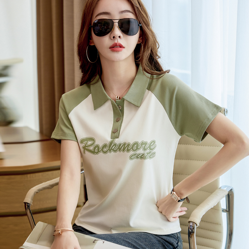 纯棉初中学生少女孩POLO领翻领短袖T恤女宽松小清新大童t桖打底衫