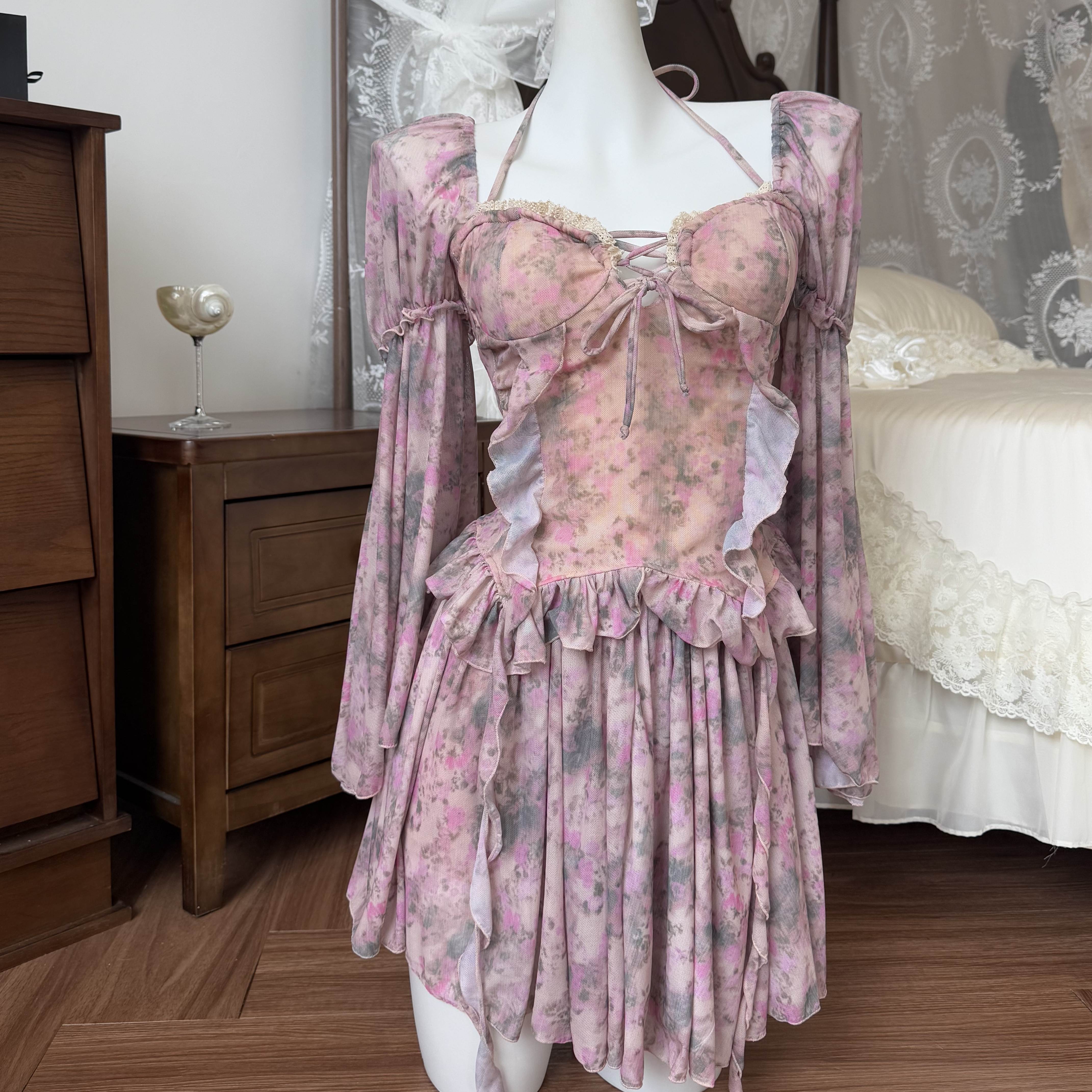 法式复古碎花分体泳衣三件套显瘦遮肚泡温泉海边度假泳装5149