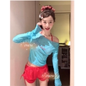 清新少女格子撞色比基尼四件套小胸分体温泉沙滩海边度假泳衣4153