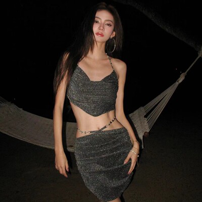 【暗夜星空】裙式泳衣显瘦遮肚高腰沙滩海边度假游泳装3805