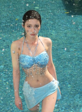 2026新款性感辣妹bikini串珠胸链海岛度假温泡温泉分体泳衣6038