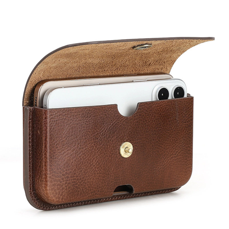 男士双层手机包棕色头层牛皮横款穿皮带腰包挂腰耐磨腰挂手机皮套