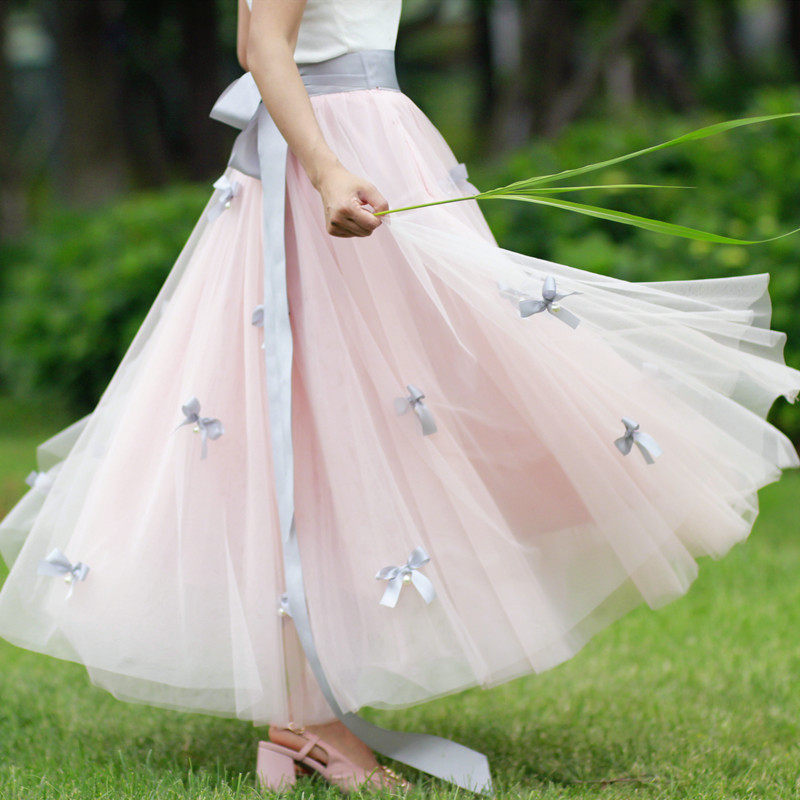 纯手工钉珠蝴蝶结粉色长款纱裙公主蓬蓬裙收腰飘带进口网纱半身裙