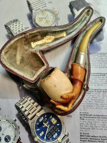 【手抓蛋古董海泡石烟斗】19世纪英国whc手工雕刻老烟斗(带原盒)