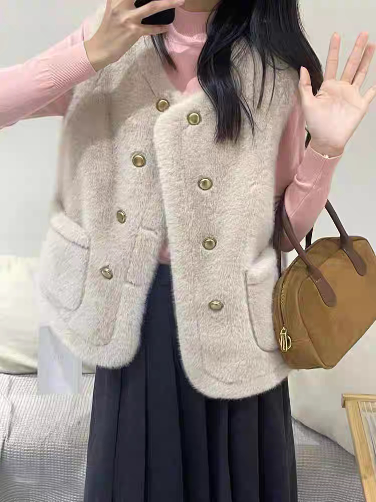 2025春季新款仿水貂绒皮毛一体马甲双排扣毛毛马甲宽松显瘦背心女
