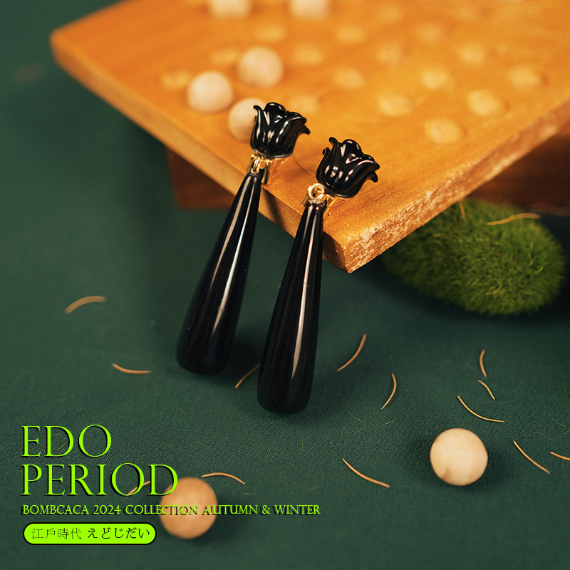 BOMBCACA江户时代系列 物哀之美 原创黑色水滴立体玫瑰花小众耳环