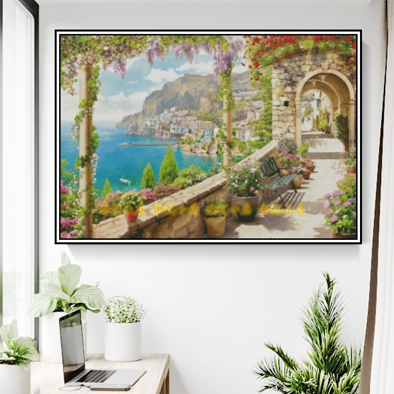 印花法国DMC高端十字绣棉线客厅卧室欧式风景油画 海边的鲜花长廊