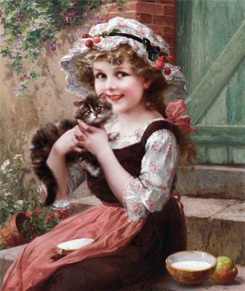 印花包邮新款dmc纯棉线十字绣套件世界名画油画人物抱着猫的女孩