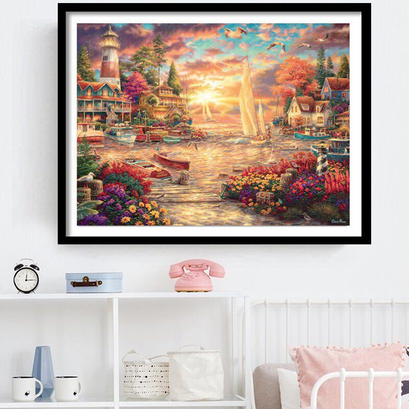 新款印花正品DMC十字绣客厅卧室玄关现代简约风景画海边小镇