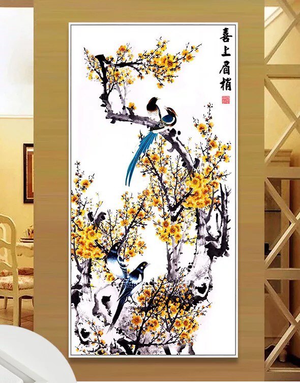 印花新款DMC纯棉高端十字绣套件客厅餐厅玄关新中式花鸟 喜上眉梢